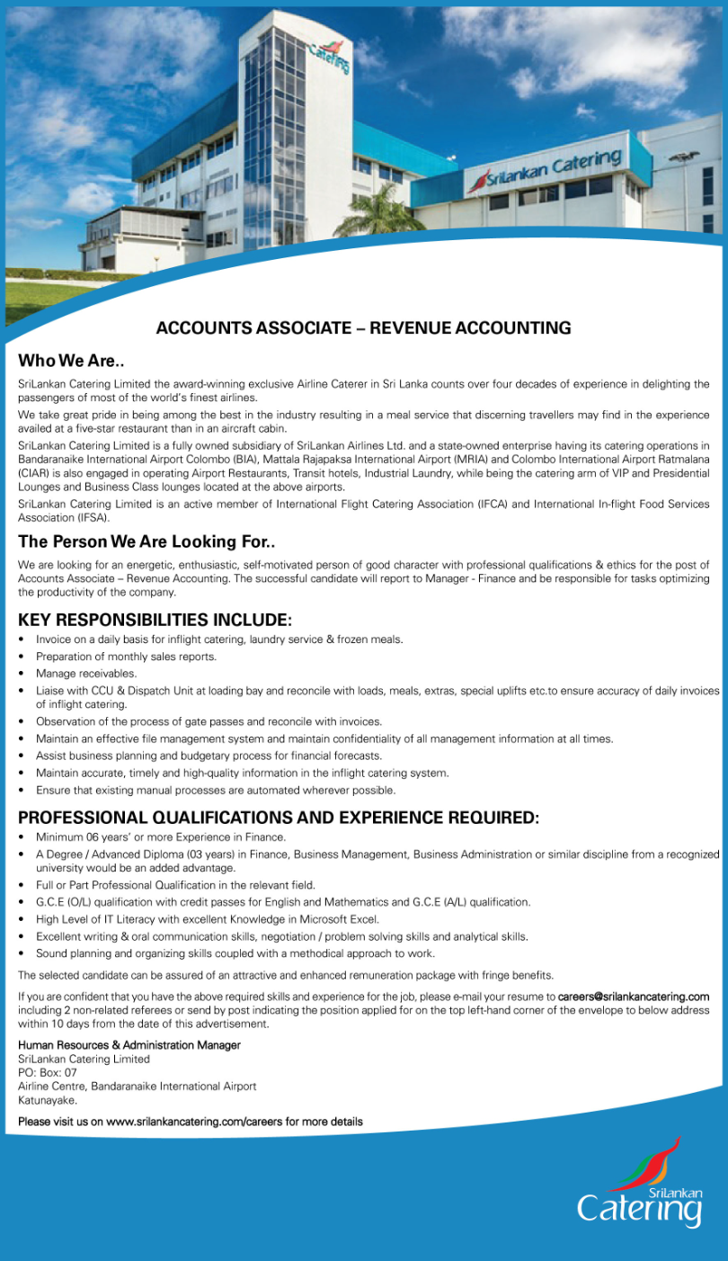 Accounts Associate (Revenue Accounting) – Sri Lankan Catering-www.goodjob.lk