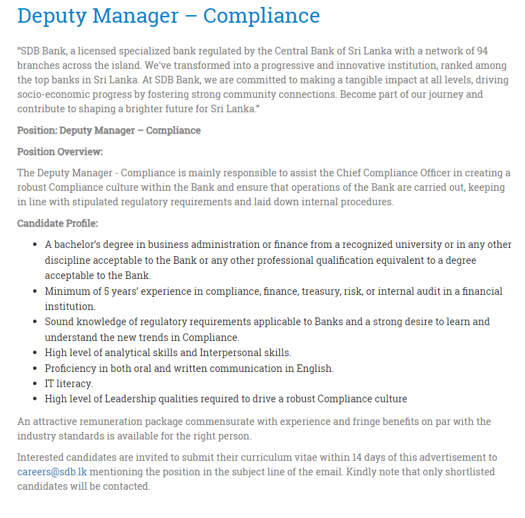 Deputy Manager - Sanasa Development Bank-www.goodjob.lk