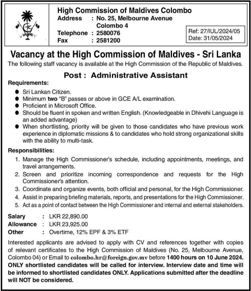 High Commision of Maldives Colombo - Administrative Assistant