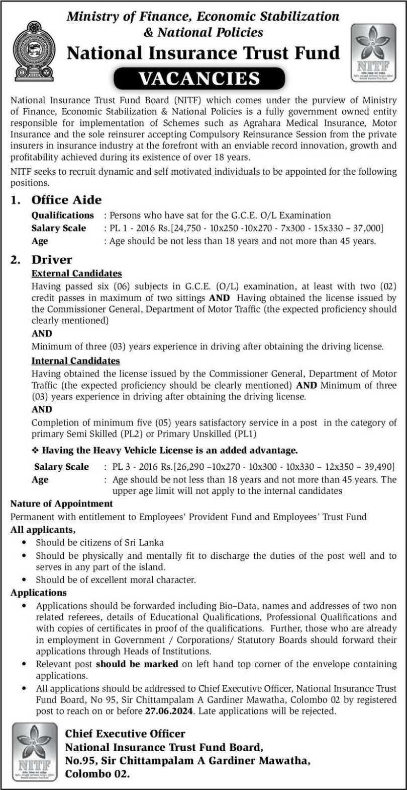 Office Aide, Driver – National Insurance Trust Fund-www.goodjob.lk