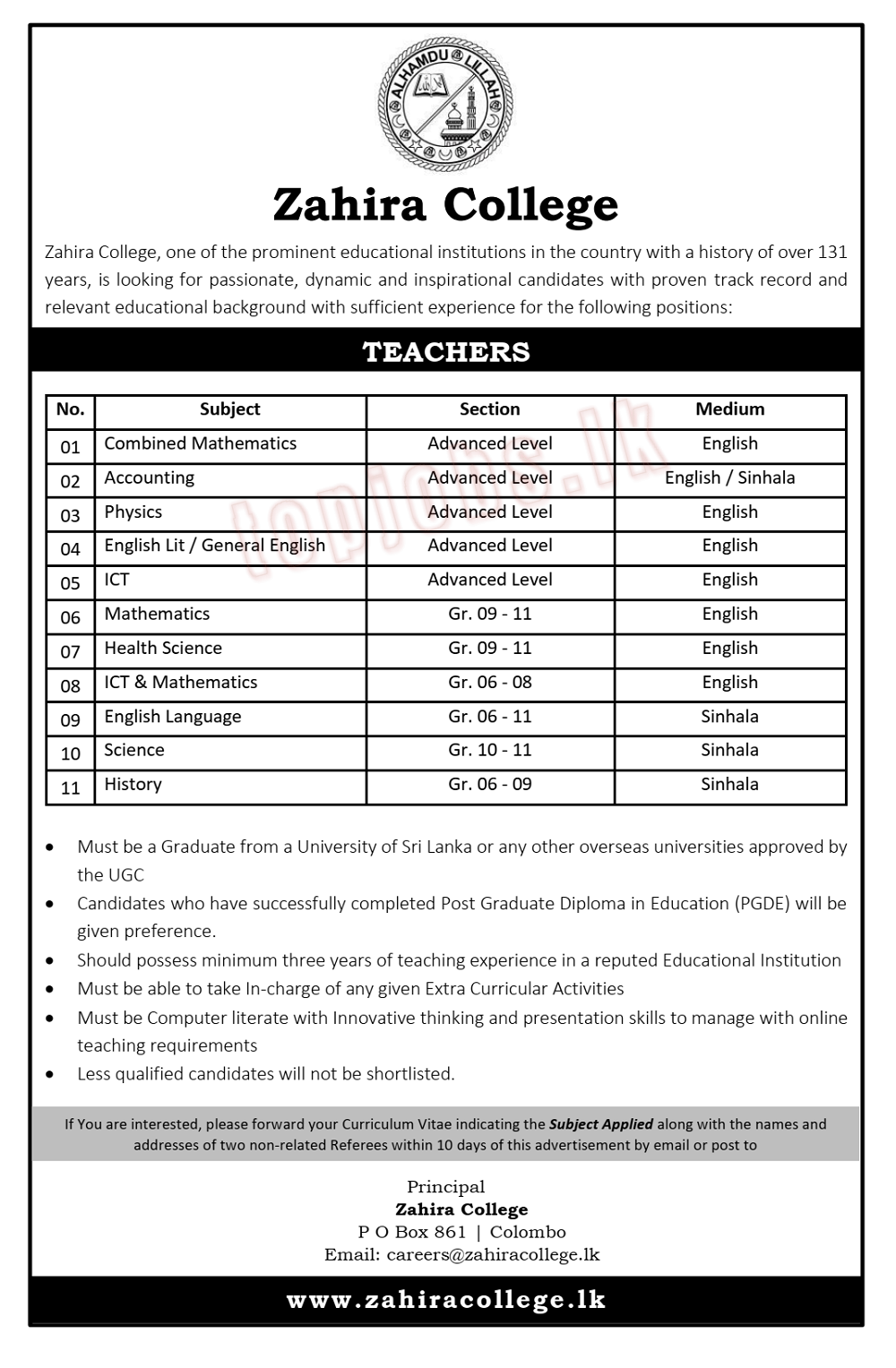 Teachers Vacancies-Zahira College-www.goodjob.lk